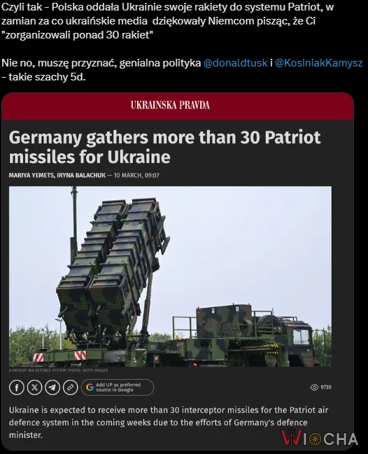Ukrainski portal informował że Niemcy załatwyli im 30 patriotów z Polskich magazynów. Niemcy? Merz i Tusk