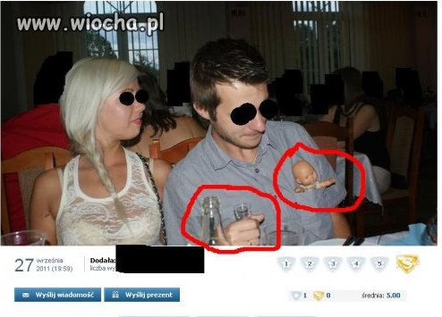 Kieliszek w ręce, żona u boku dziecko w kieszeni.