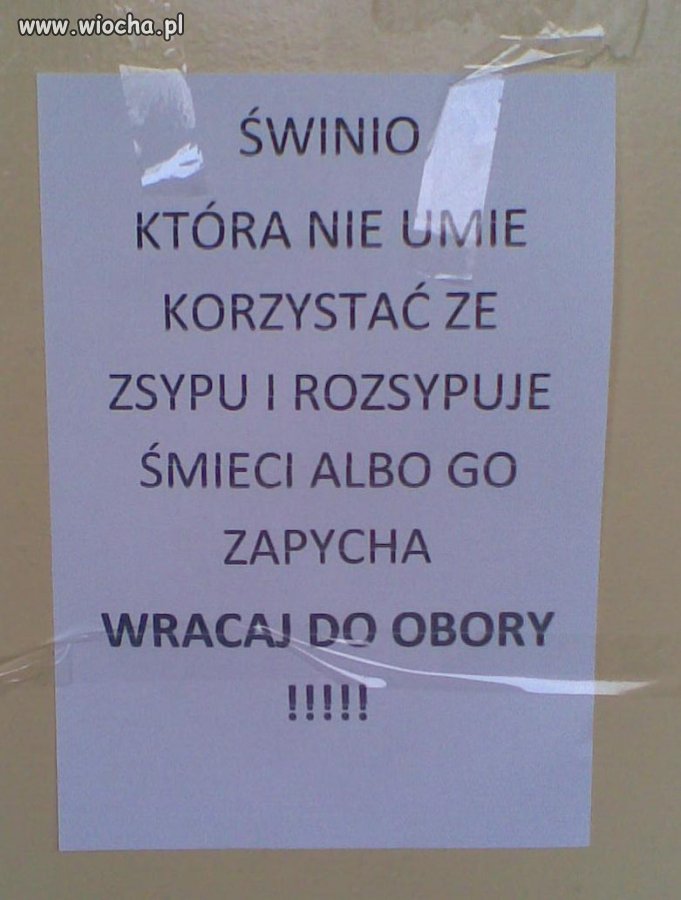 Wiadomość dla sąsiadów na zsypie do śmieci.
