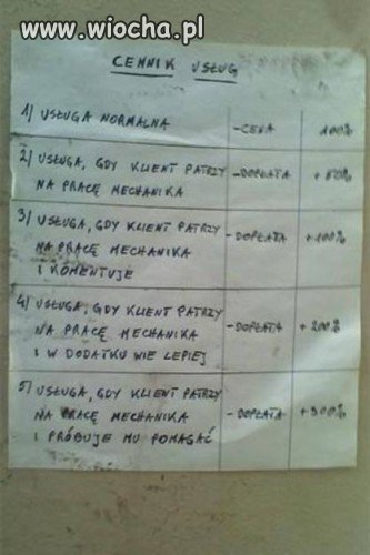 Cennik usług mechanika.