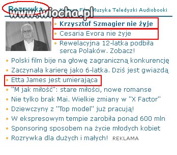 Informacje o śmierci o rubryce "Rozrywka"
