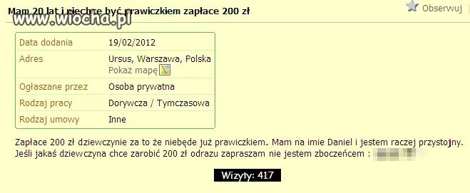 Kusząca oferta, ceni się chłopak