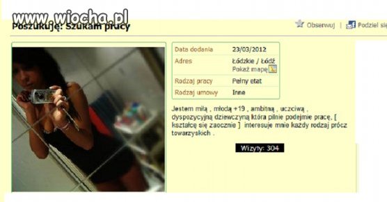 Szuka pracy i taka fota na portalu 