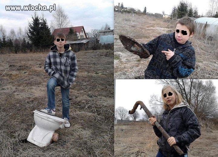 Lans na kibel, starego buta i rurę.