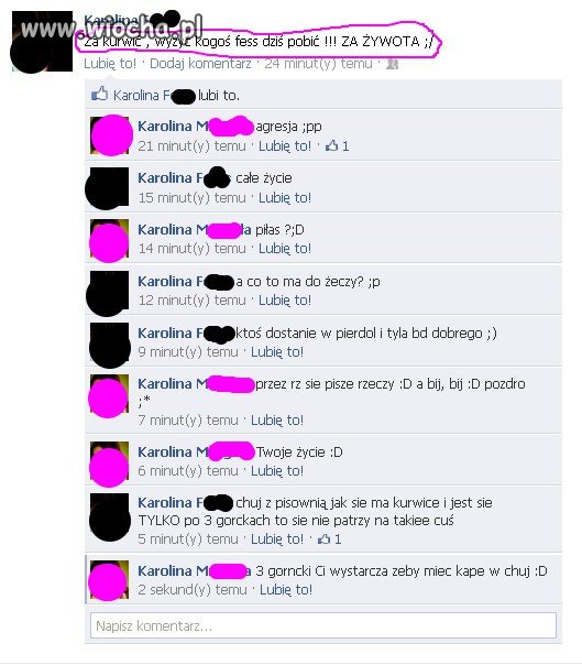 Posty agresywnej 13stolatki na facebooku