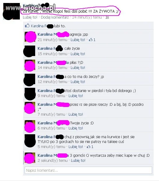 Posty agresywnej 13stolatki na facebooku