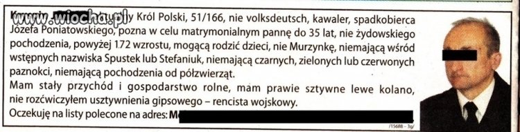 Ogłoszenie matrymonialne od Króla Polski
