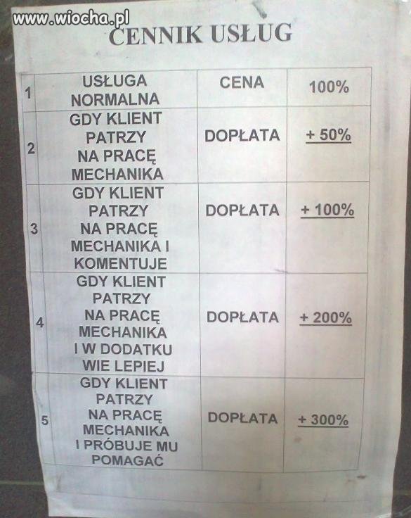 Cennik w zakładzie mechanicznym