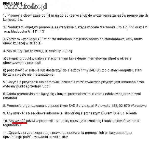 "Wziąść" w regulaminie konkursu szanowanego sklepu