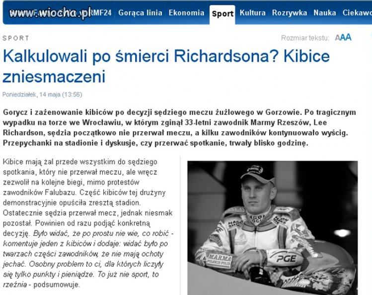 Żużlowiec ginie na torze sędzia nie przerywa meczu