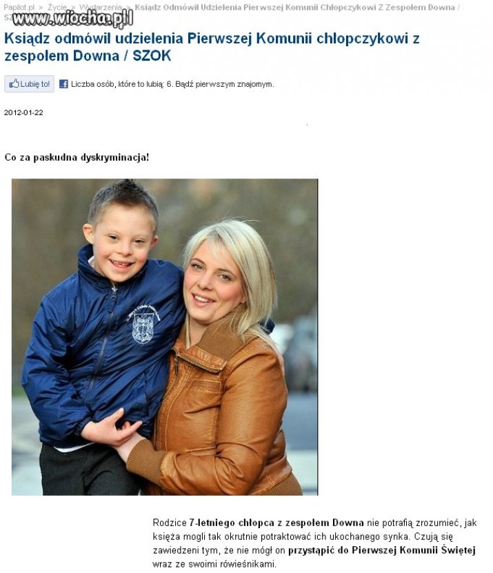 Ksiądz nie chciał udzielić komunii 7letniemu chło-