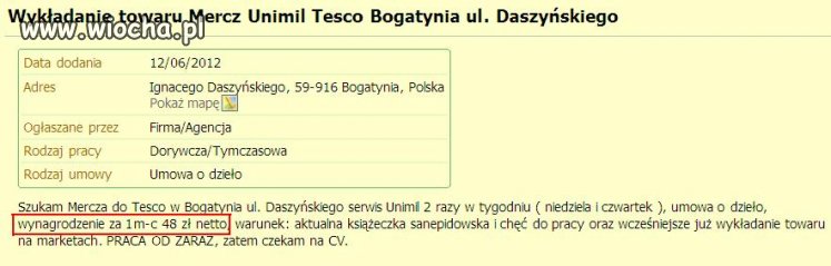 Praca 2x w tygodniu za 48zł miesięcznie.