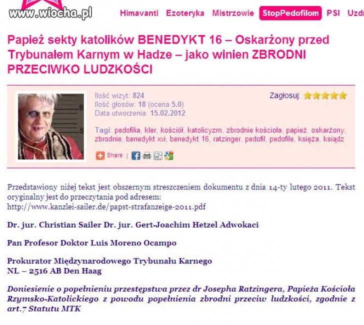 Papież winien zbrodni przeciwko ludzkości 