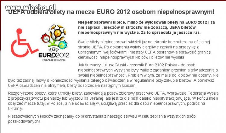 UEFA Odbiera bilety niepełnosprawnym...
