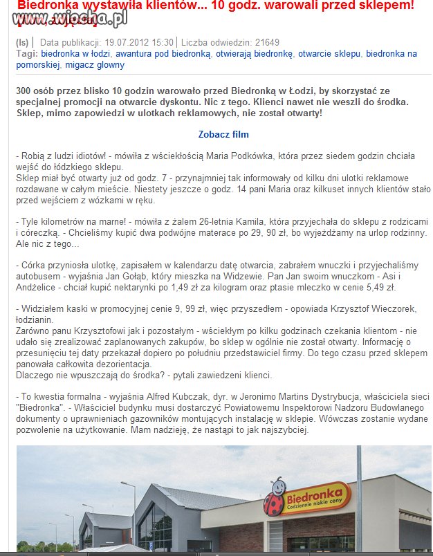 Wiocha dla Biedronki...Klienci czekali 10 godzin...
