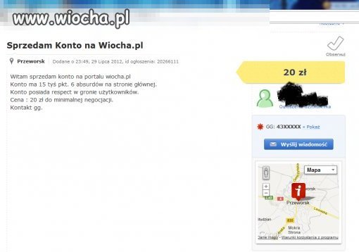 Chęć sprzedania konta na wiocha,
