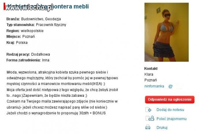 Ołoszenie do pomocy przy meblach