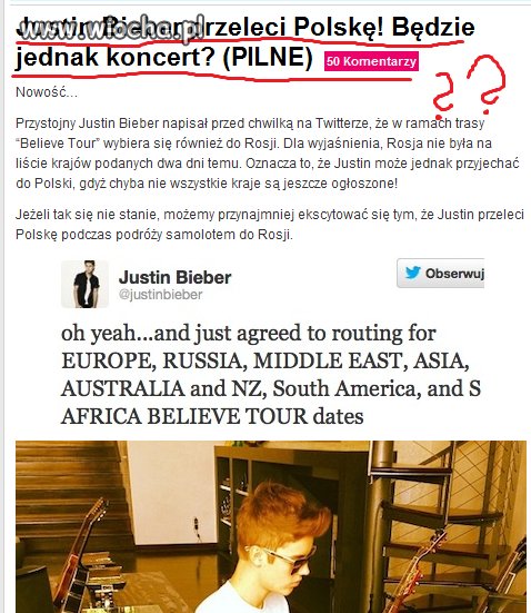 Justin Bieber przeleci Polskę!!