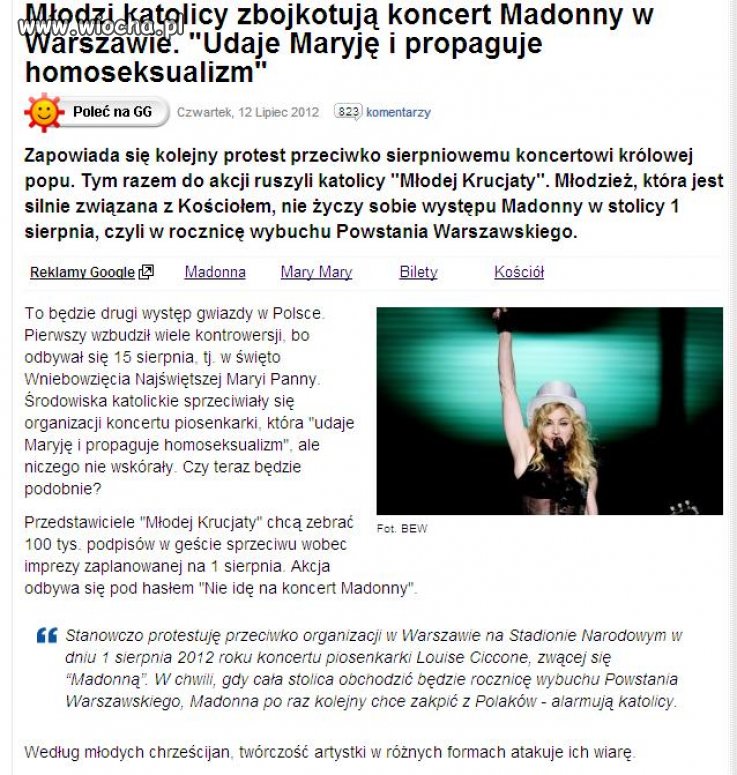 Katolicy zbojkotują koncert Madonny 