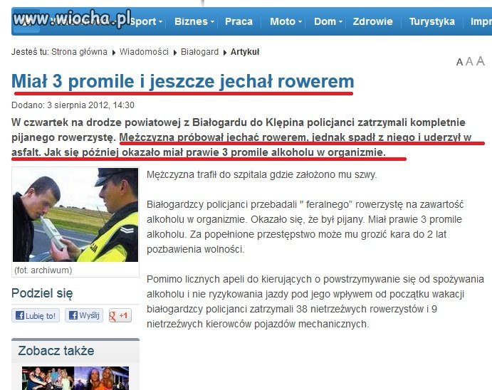 Pijany rowerzysta - 3 promile w organizmie 