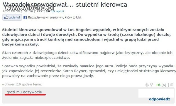 Stuletni kierowca spowodował wypadek