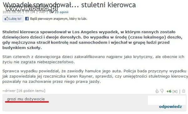 Stuletni kierowca spowodował wypadek