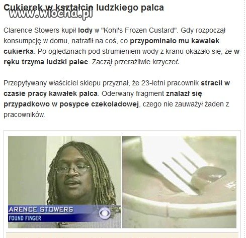 Ludzki palec znaleziony w lodach.