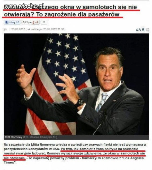 Romney zdziwiony dlaczego w samolocie okna...