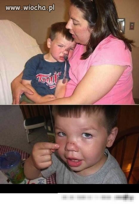 Dziecko z widelcem w nosie...