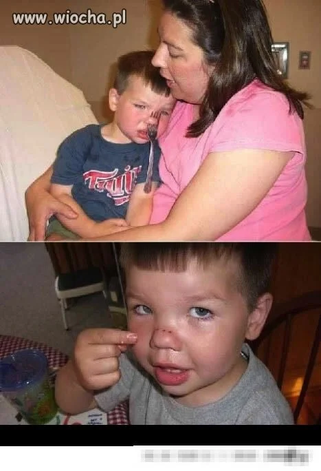 Dziecko z widelcem w nosie...