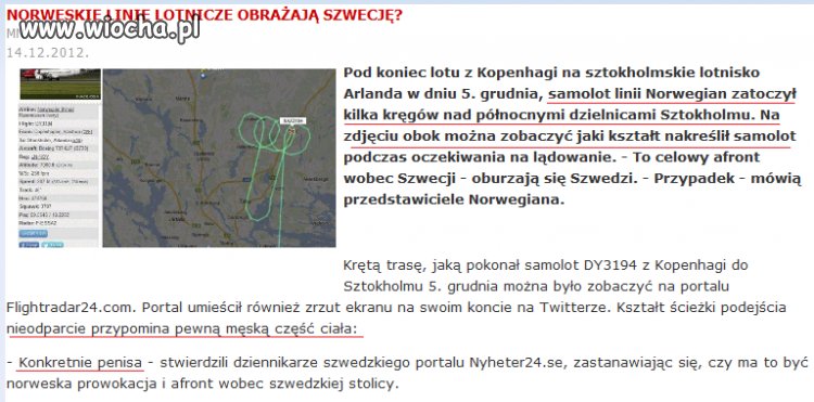Samolot norweski na terenie Szwecji zatoczył kręgi "penisa"