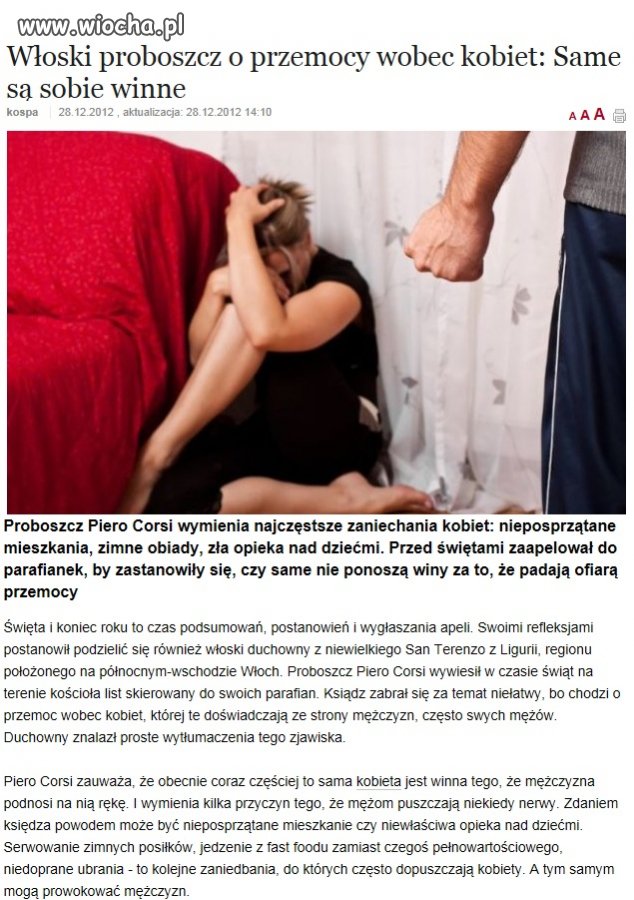Teza księdza-kobiety prowokują do bicia przez męża