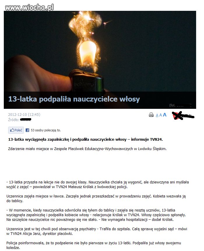 Dziecko podpaliło nauczycielce włosy