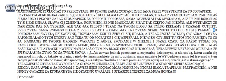 Fanka co napisała do Honoraty Skarbek 
