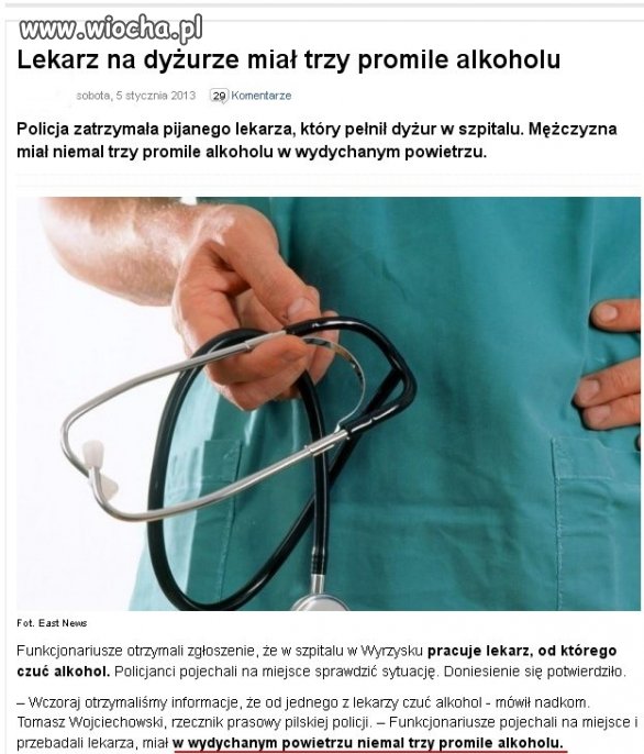 Trzy promile alkoholu u lekarza podczas dyżuru.