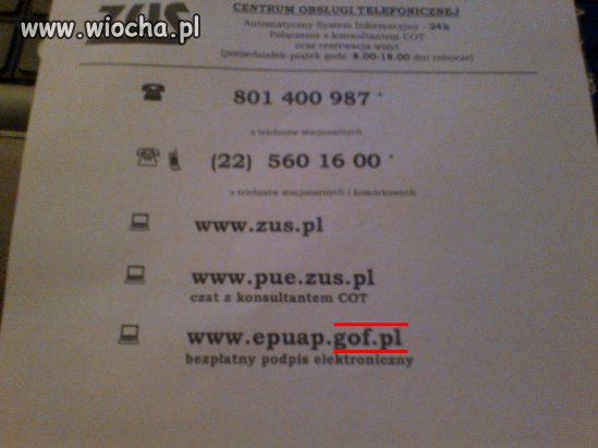 Ulotka z ZUSu - gof.pl zamiast gov.pl