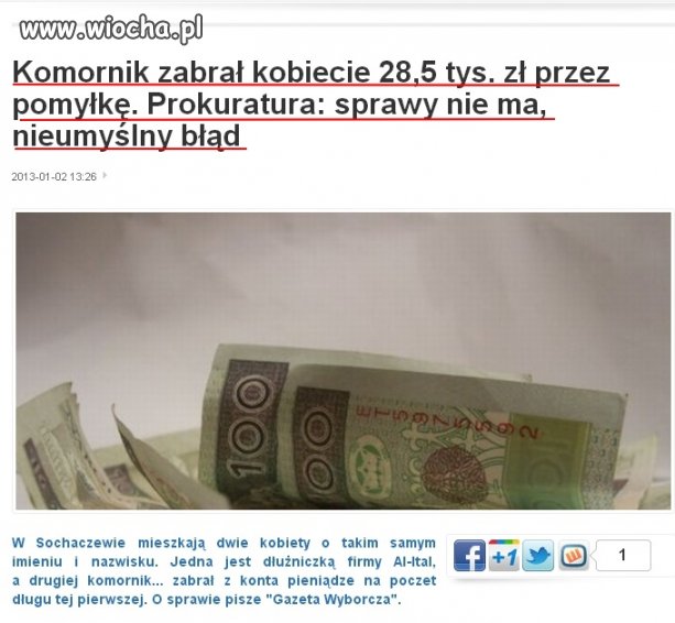 Komornik zabrał kobiecie przez pomyłkę 28,5 tys.