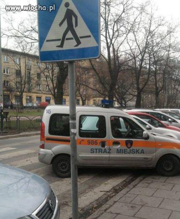 Zdjęcie zaparkowanego na pasach radiowozu krakowsk
