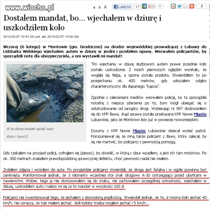 Dostał mandat za to, że uszkodził koło na dziurze.