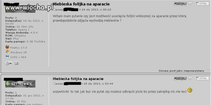 Niebieska folijka na aparacie.