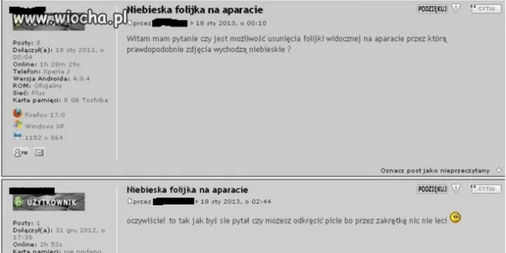Niebieska folijka na aparacie.