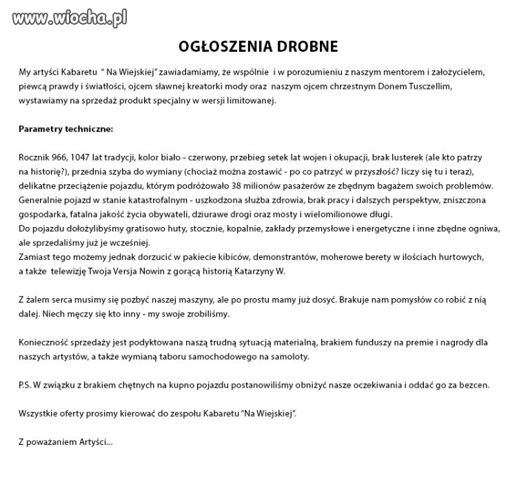 Ogłoszenie Kabaretu "Na Wiejskiej" - WARTE UWAGI!!!