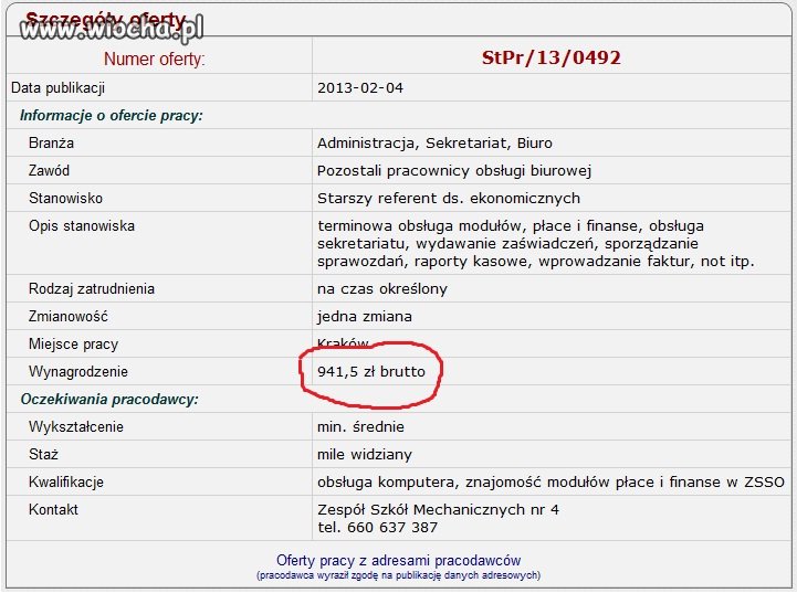 Ogłoszenie w urzędzie pracy w Krakowie