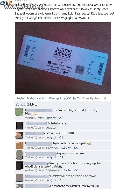 Radość z wygrania biletu na koncert BIEBERA…