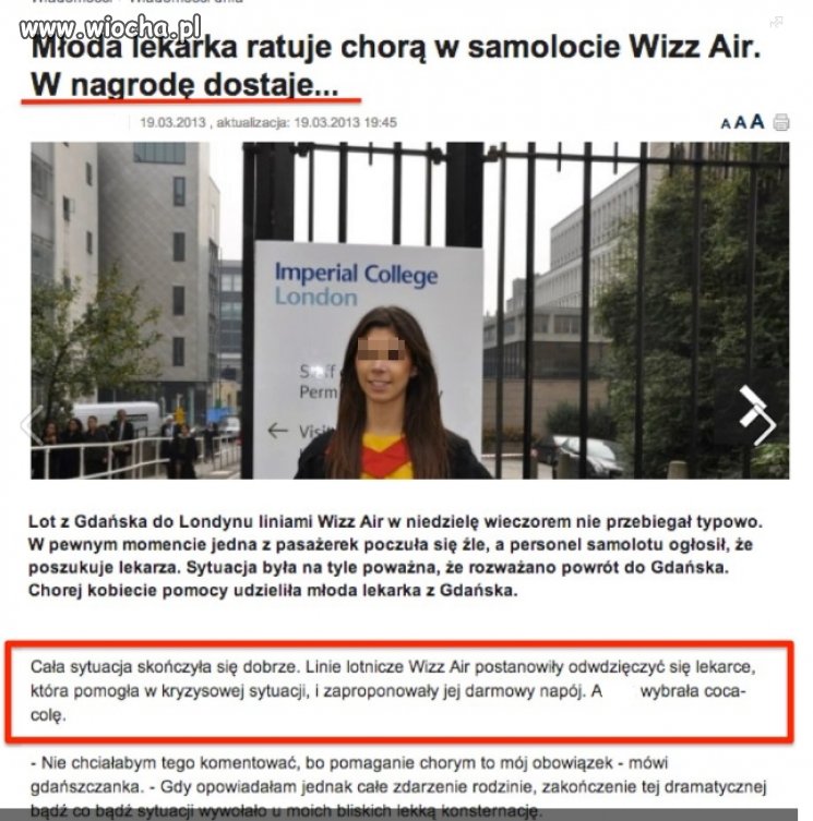 Za uratowanie życia pasażerce samolotu...