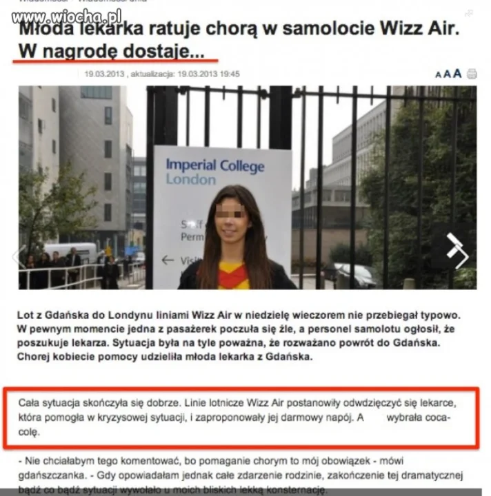 Za uratowanie życia pasażerce samolotu...