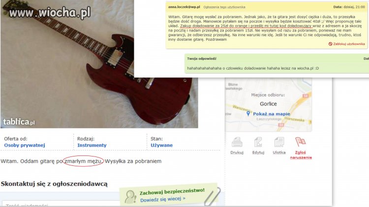Oddam gitare po zmarłym mężu "za doladowanie"