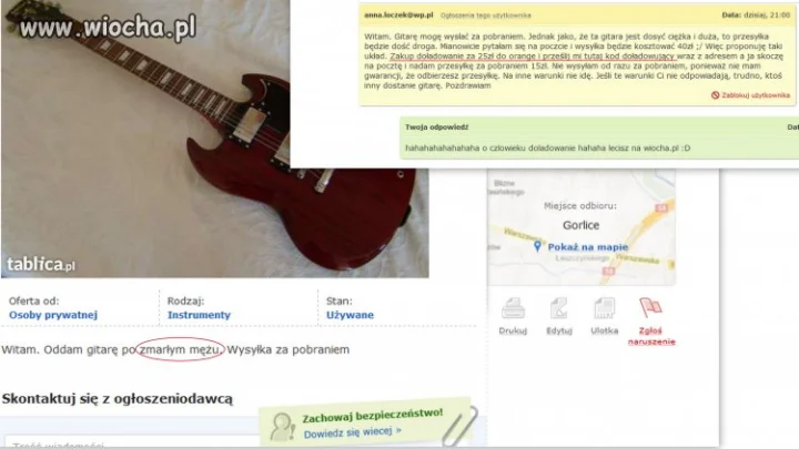 Oddam gitare po zmarłym mężu "za doladowanie"