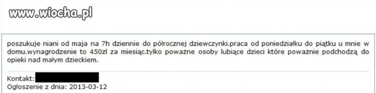 Oferta pracy niania 3,21 zł/ h