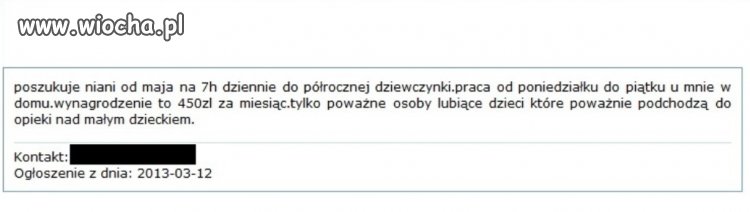 Oferta pracy niania 3,21 zł/ h Stargard Szczec.